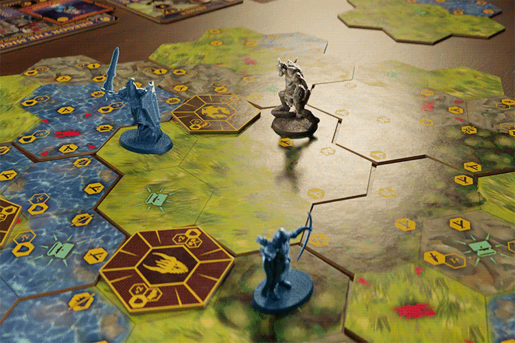 Painted miniatures facing off on the hex battlefield